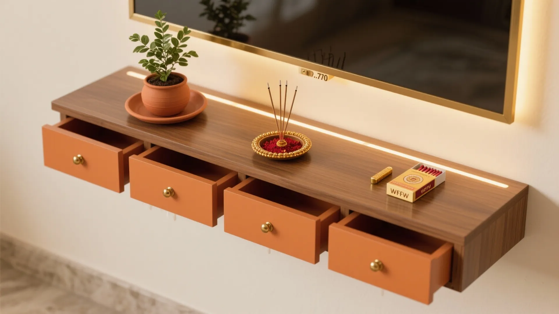 Wall-mounted pooja shelf with concealed storage