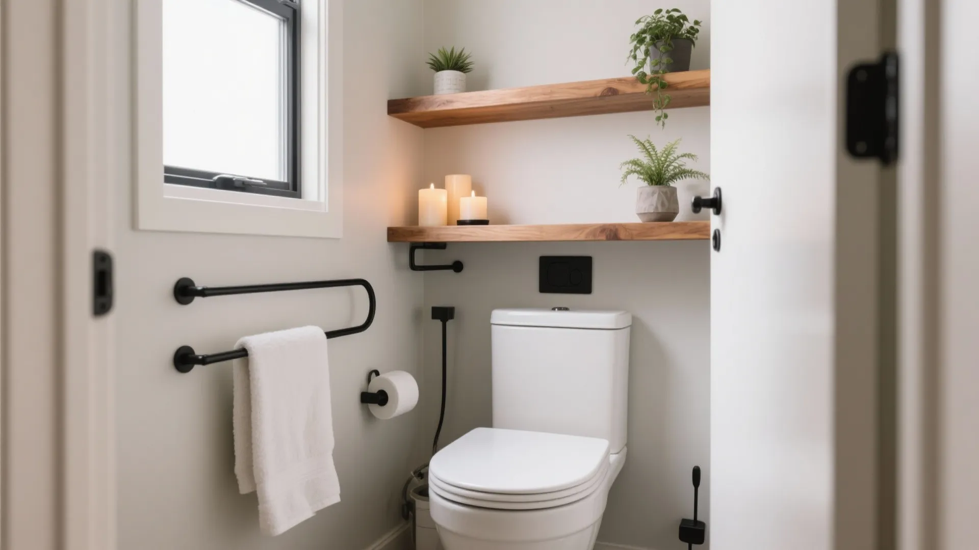 Modern bathroom with white toilet, black towel bar, wooden floating shelves, green plants, and three candles