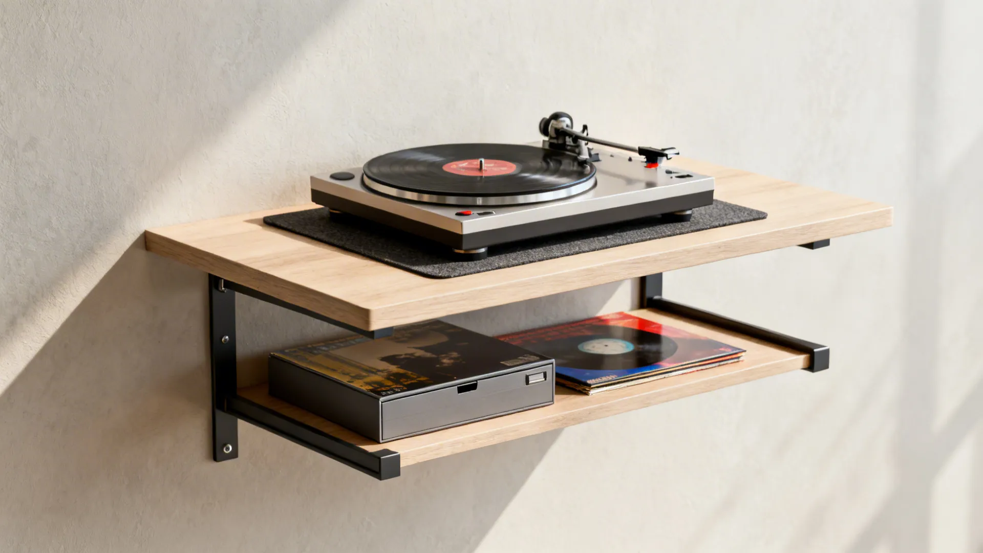 Floating shelf at ear height with a turntable on an isolation mat and slim record storage underneath