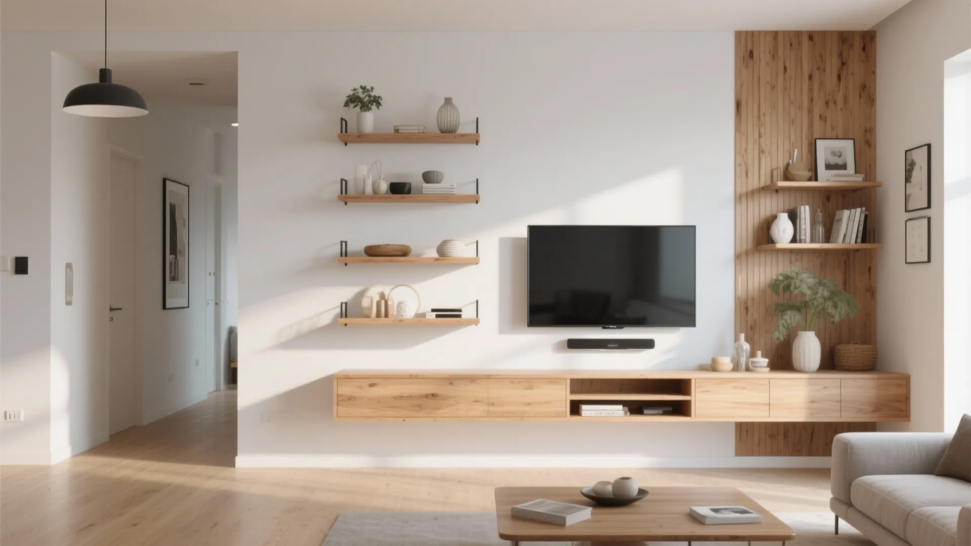 Floating shelves surrounding a wall-mounted TV in a bright living room