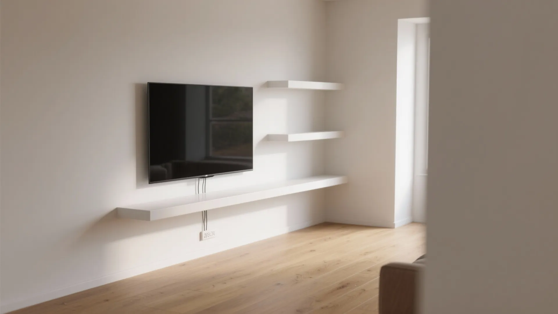 Minimalist interior design showing a television above long white floating shelves and light wood floor