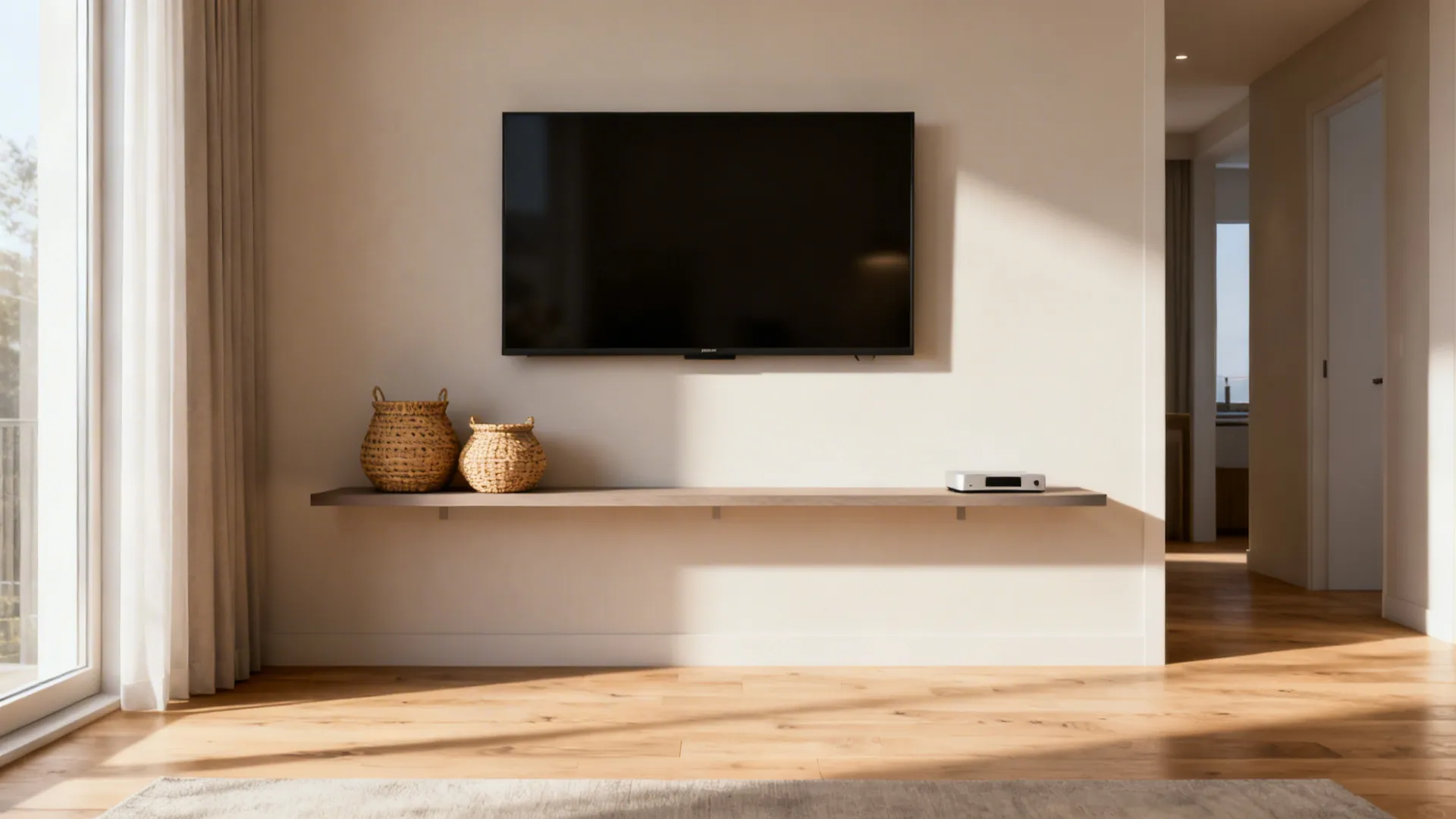 Wall-mounted TV above a slim floating media shelf with decorative baskets in a small living room