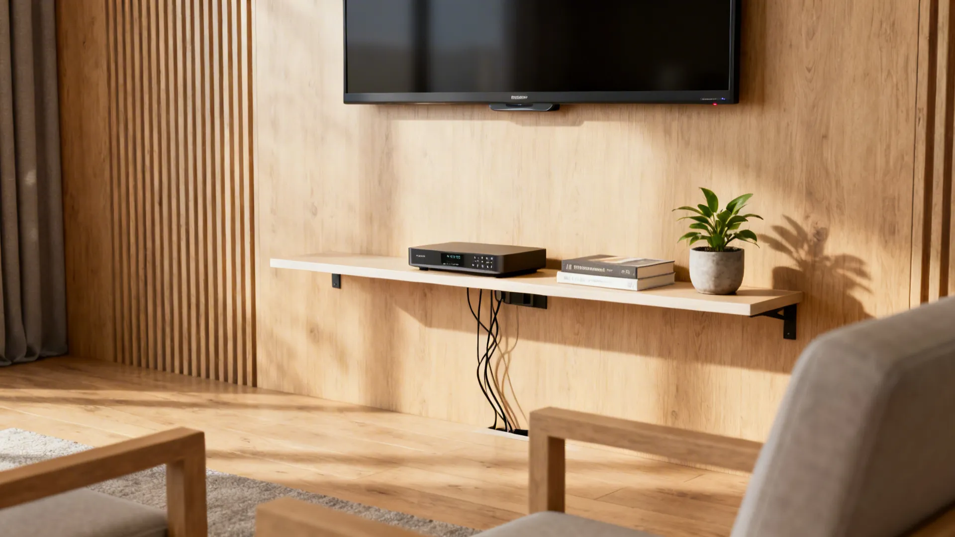 Floating wooden shelf under television holding a media player with visible cables and a small plant