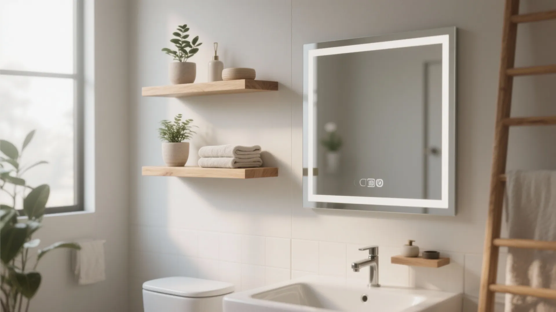 Bathroom interior with white walls and wooden shelves holding plants next to a lighted mirror