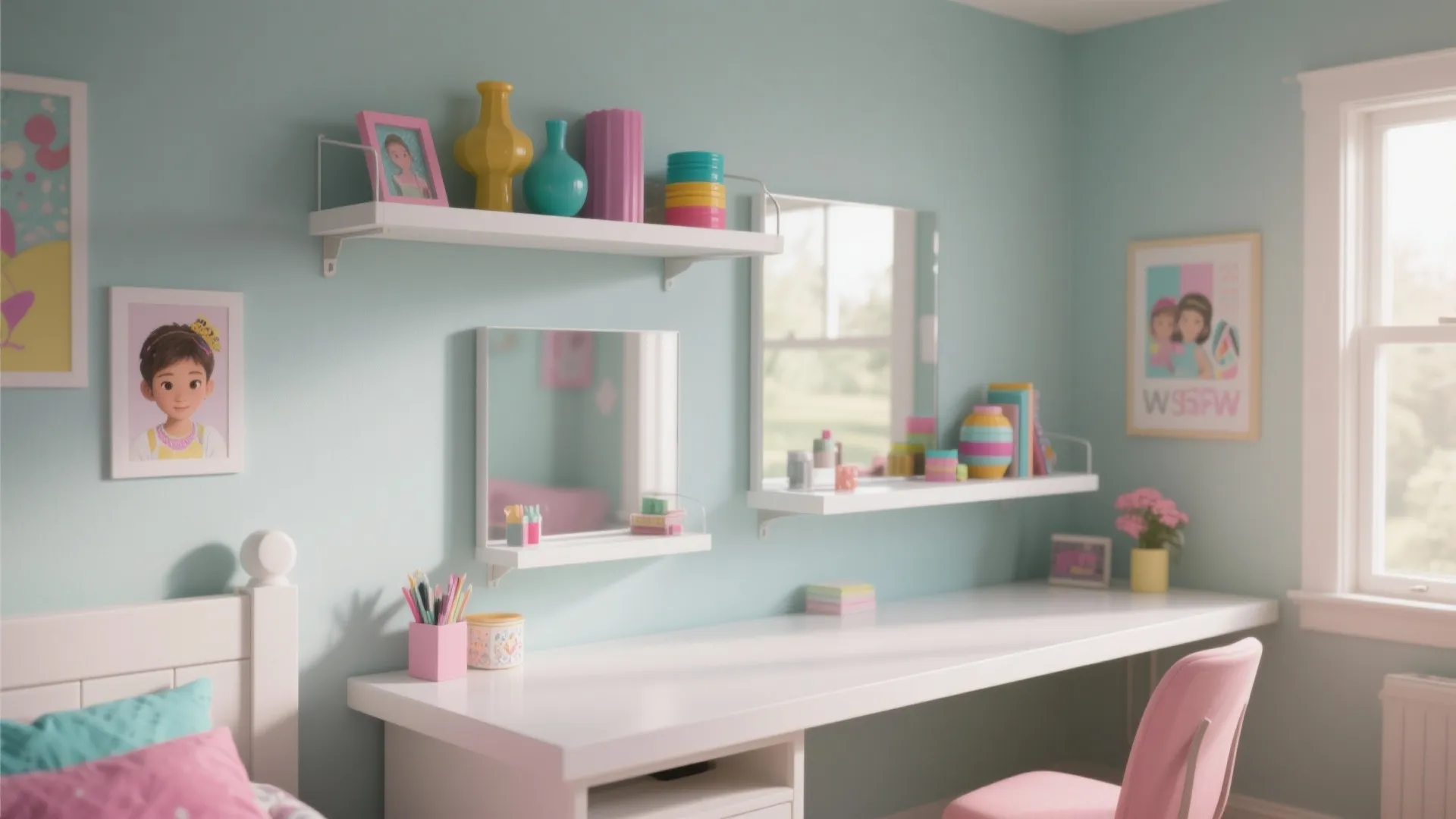 Kids bedroom with blue walls white long desk floating shelves mirrors and pink desk chair