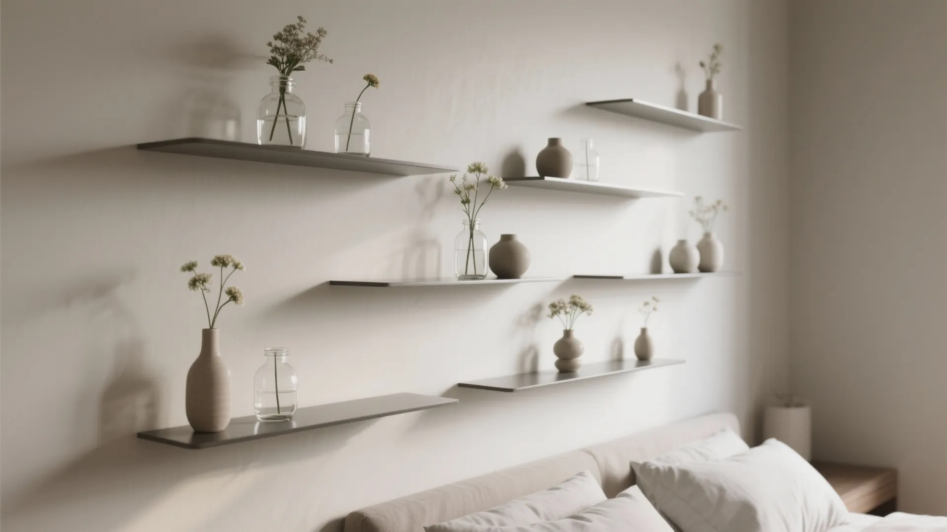 Modern bedroom wall with multiple floating shelves holding small glass vases and various dried flowers