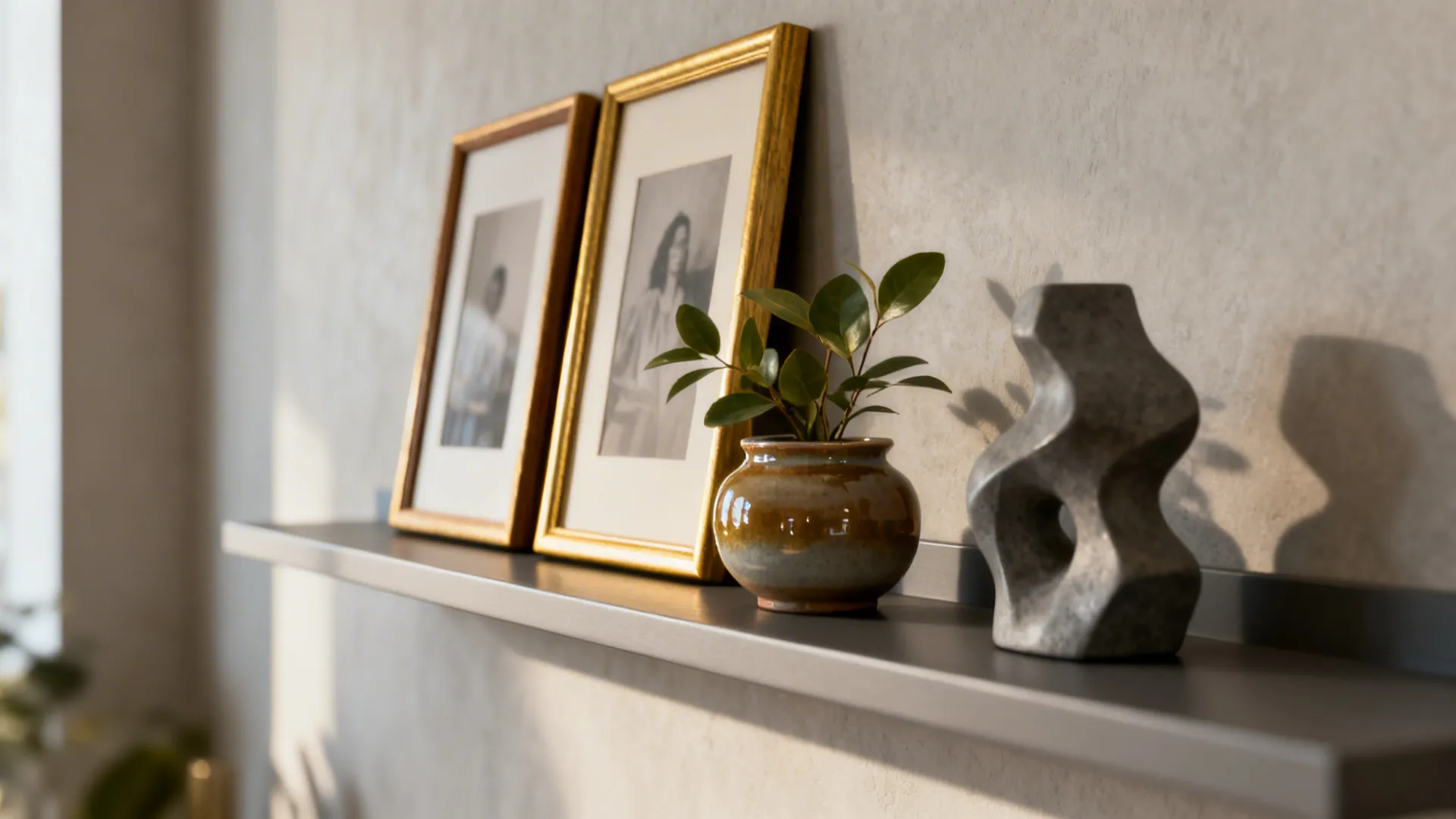 Slim floating shelf styled with framed photos, a small plant, and a sculptural object.