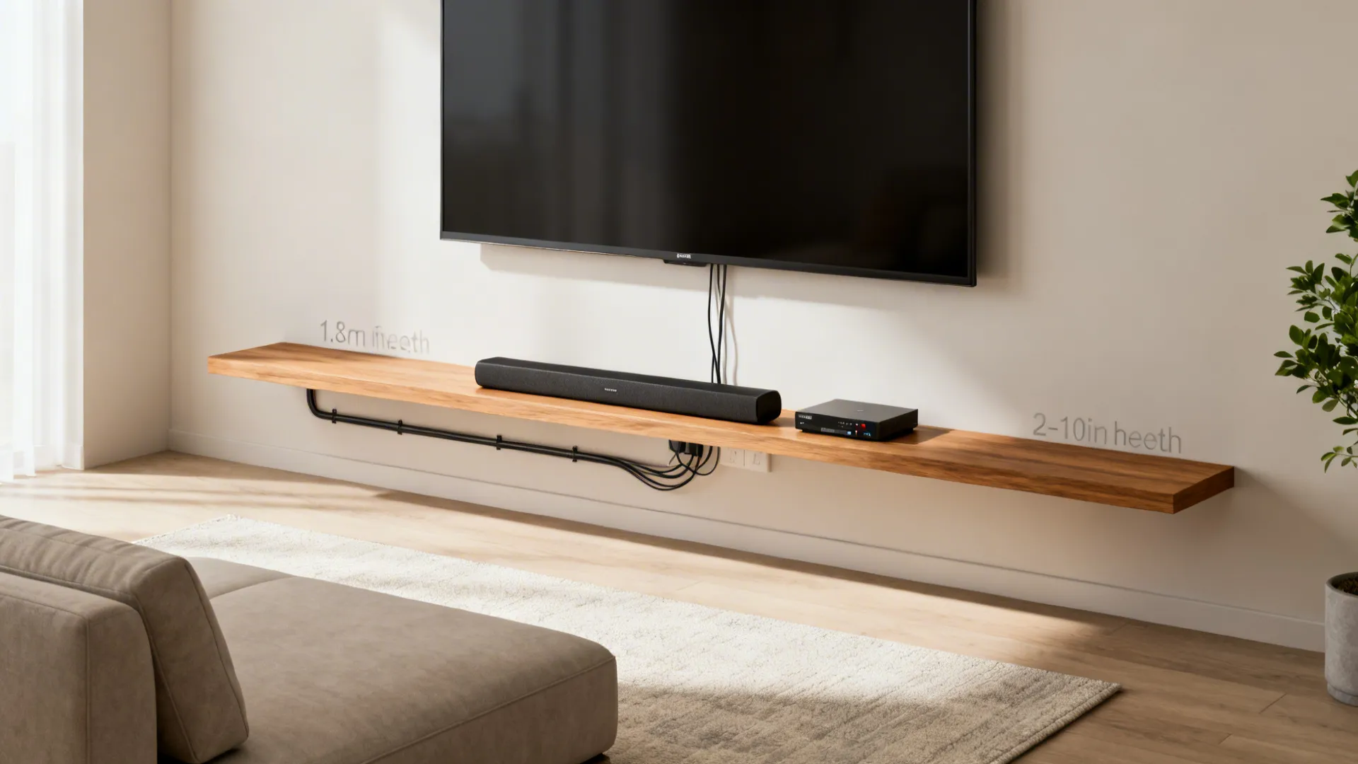 Wooden floating shelf installed under a wall mounted television with a soundbar and cable management