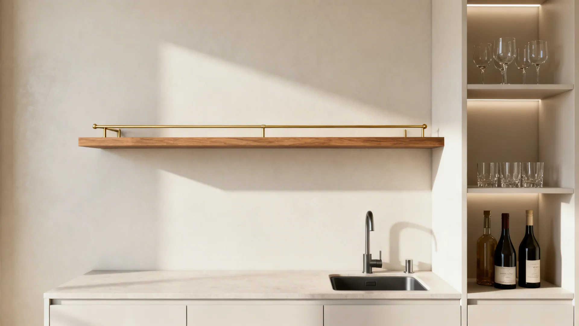 Floating shelf wet bar with brass rail and slim sink in a minimalist living room