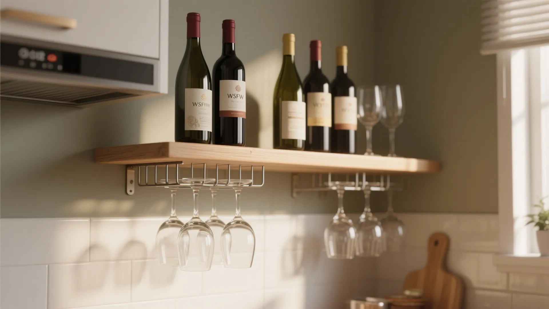 Wooden floating shelf holding wine bottles and wine glasses in a modern kitchen with sunlight