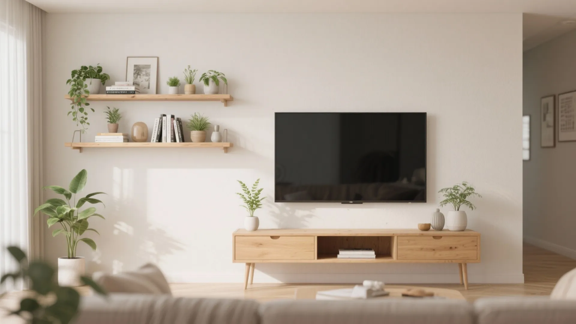 Minimal floating shelves with plants and books above a TV