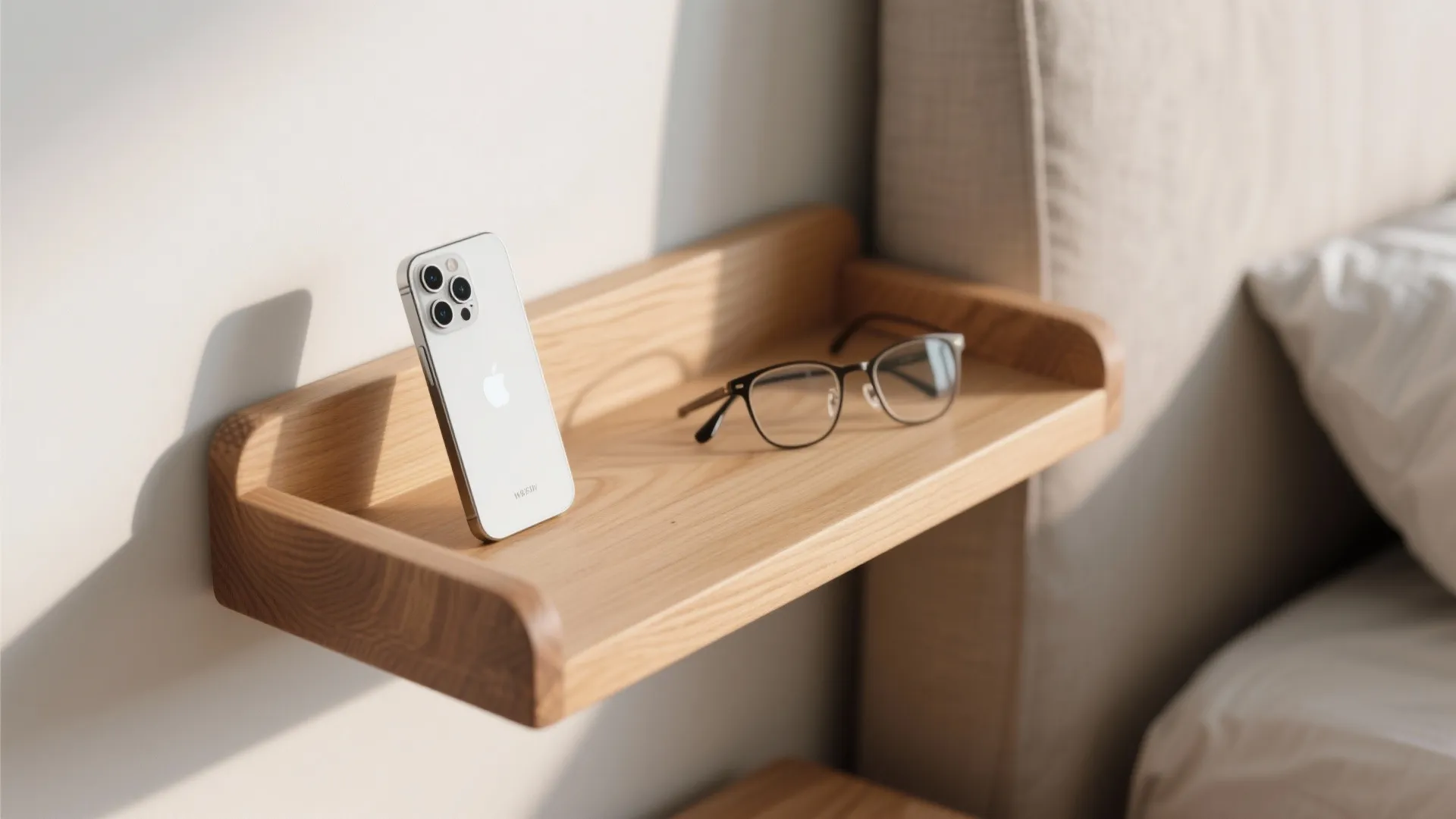Wooden wall shelf holding a white smartphone and black glasses next to a comfortable bed