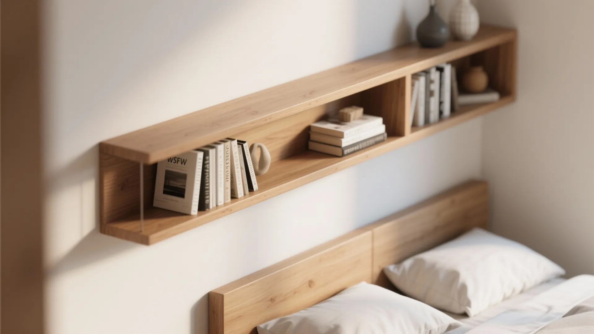 Close-up of floating shelves holding decor above bed