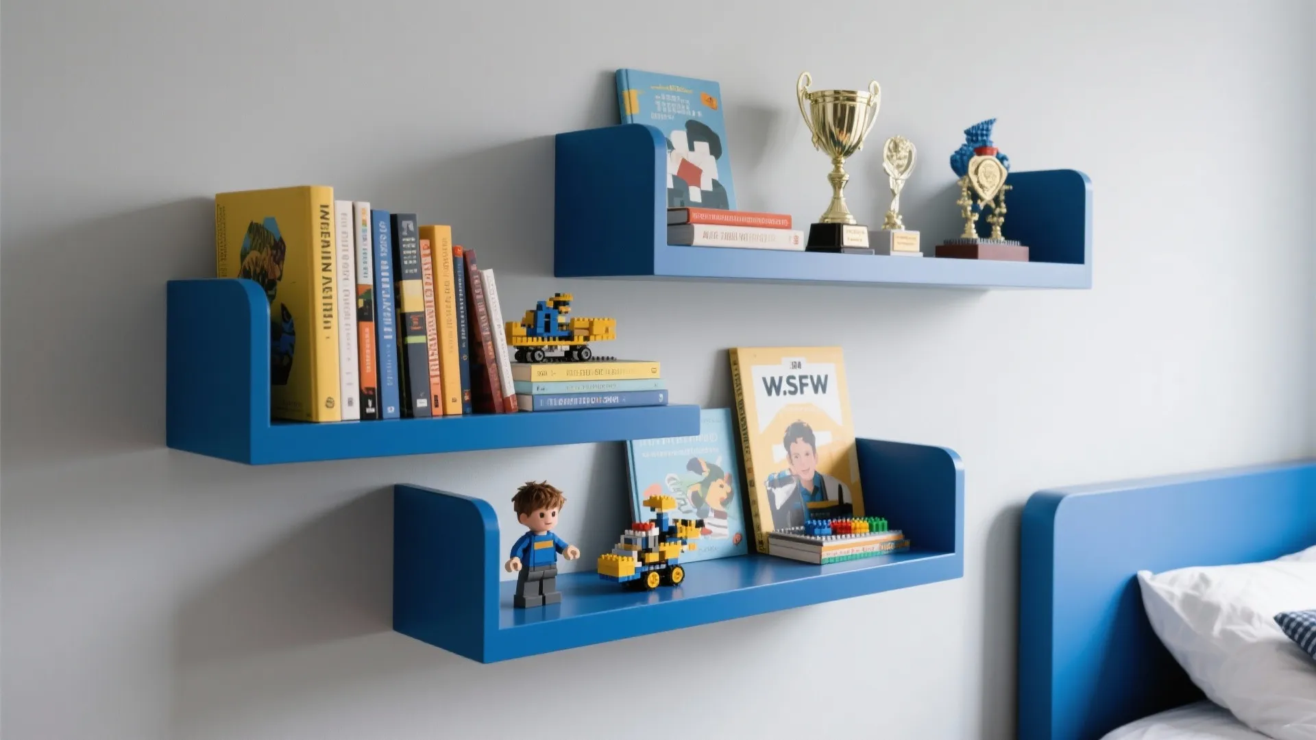 Modern blue wall shelves holding books toys and a gold trophy in a bright bedroom