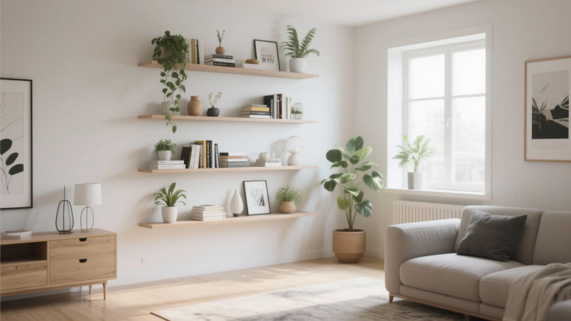 Minimalist living room with four wooden wall shelves holding books plants and small white cabinet