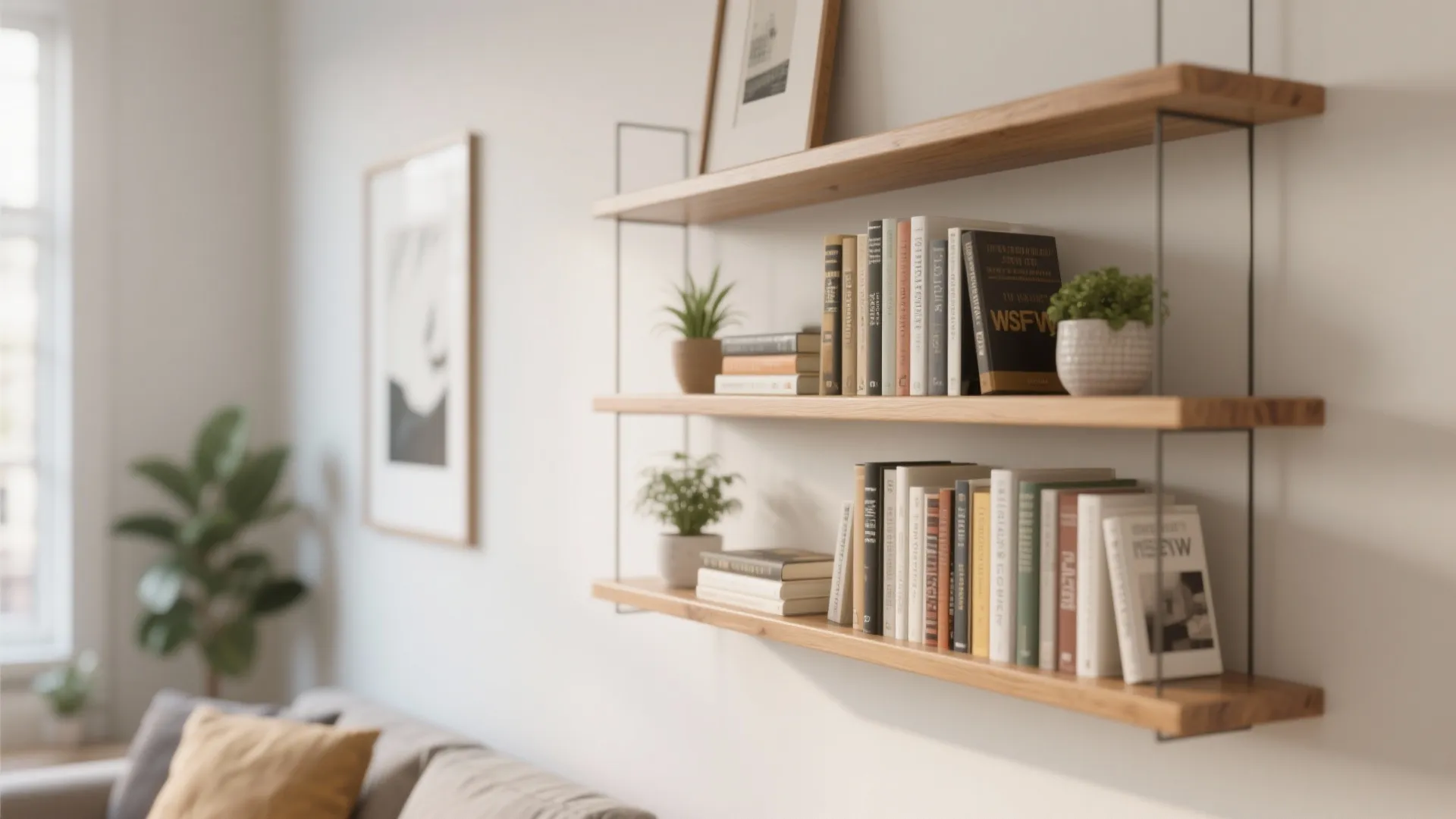 Floating shelves with books, plants, and art in a modern living room