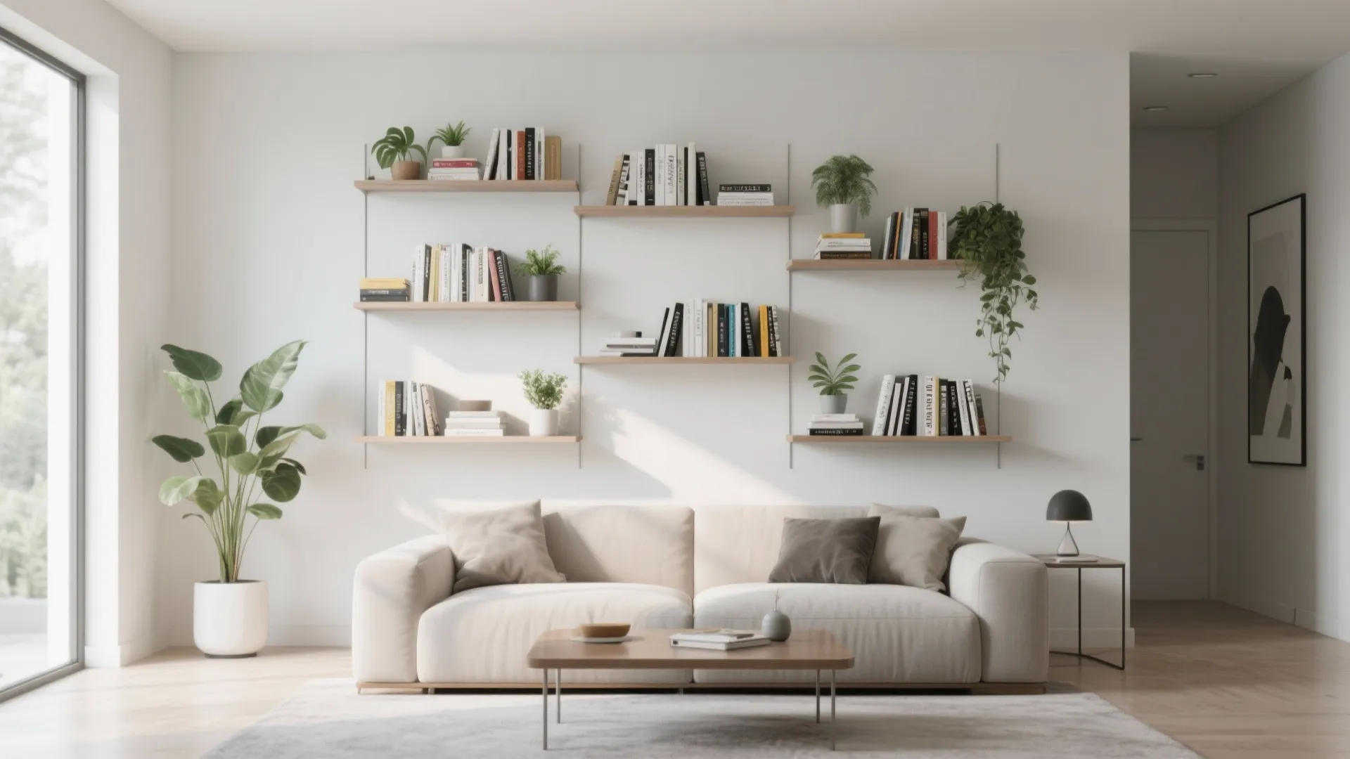 White living room wall with wooden shelves holding books and plants above a cream sofa