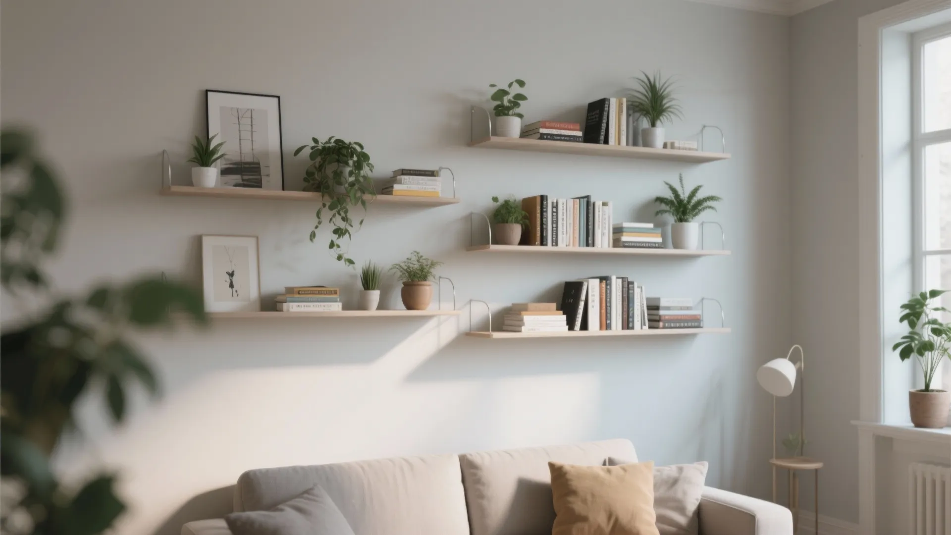 Floating shelves instead of bulky bookcases