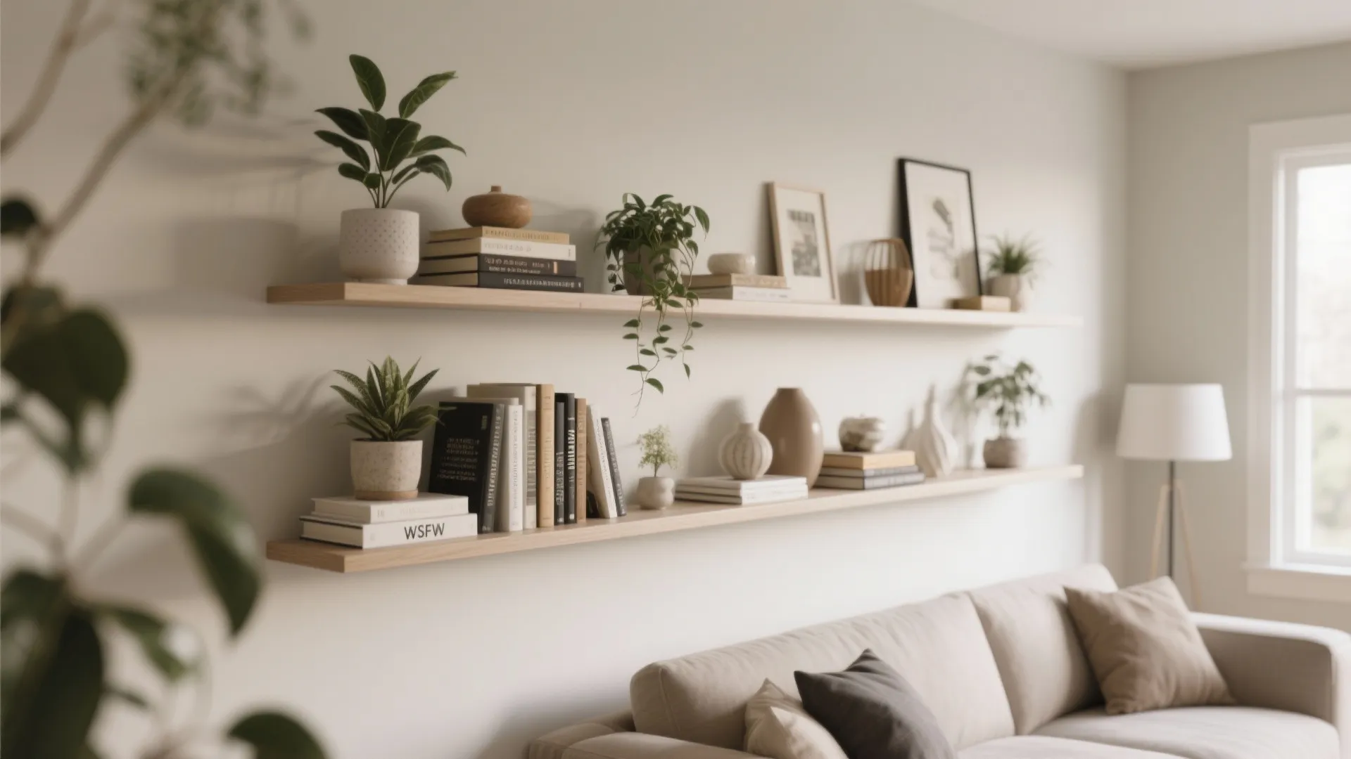 Two long wooden wall shelves above a sofa decorated with potted plants books and vases