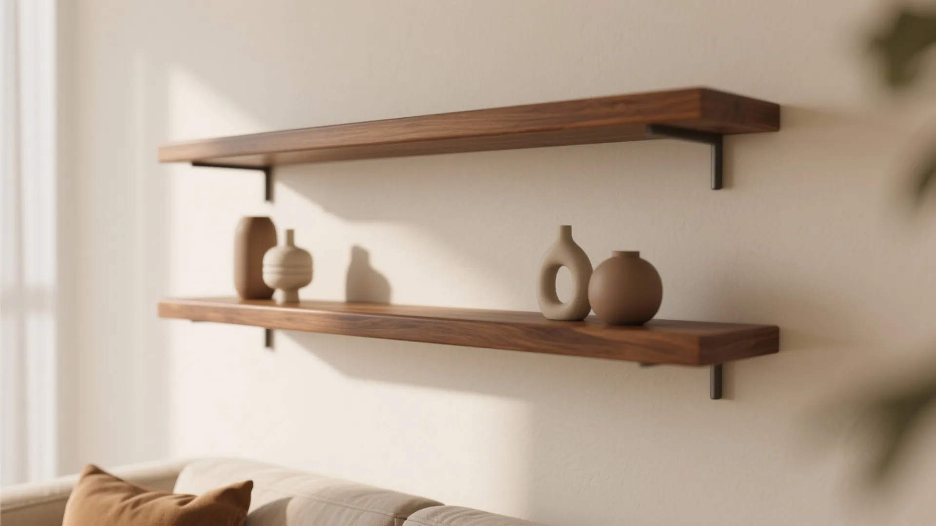 Two wooden wall shelves with round ceramic vases in a bright modern minimalist living room