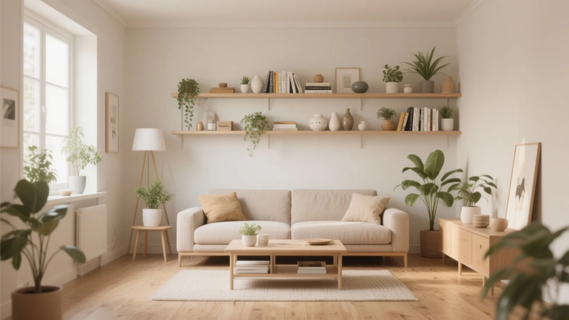 Minimalist living room with beige sofa wooden coffee table floating wall shelves and green plants