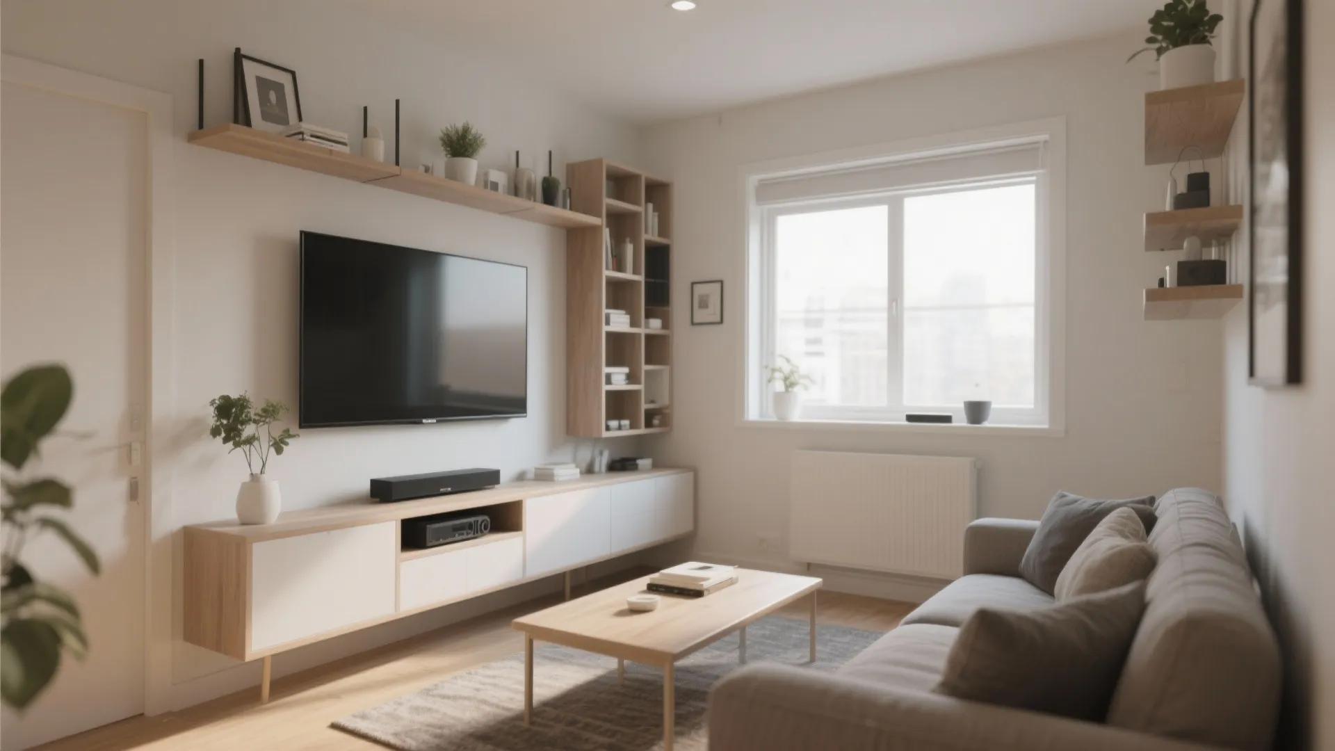 Modern living room featuring a television mounted above a white cabinet with wooden wall shelves
