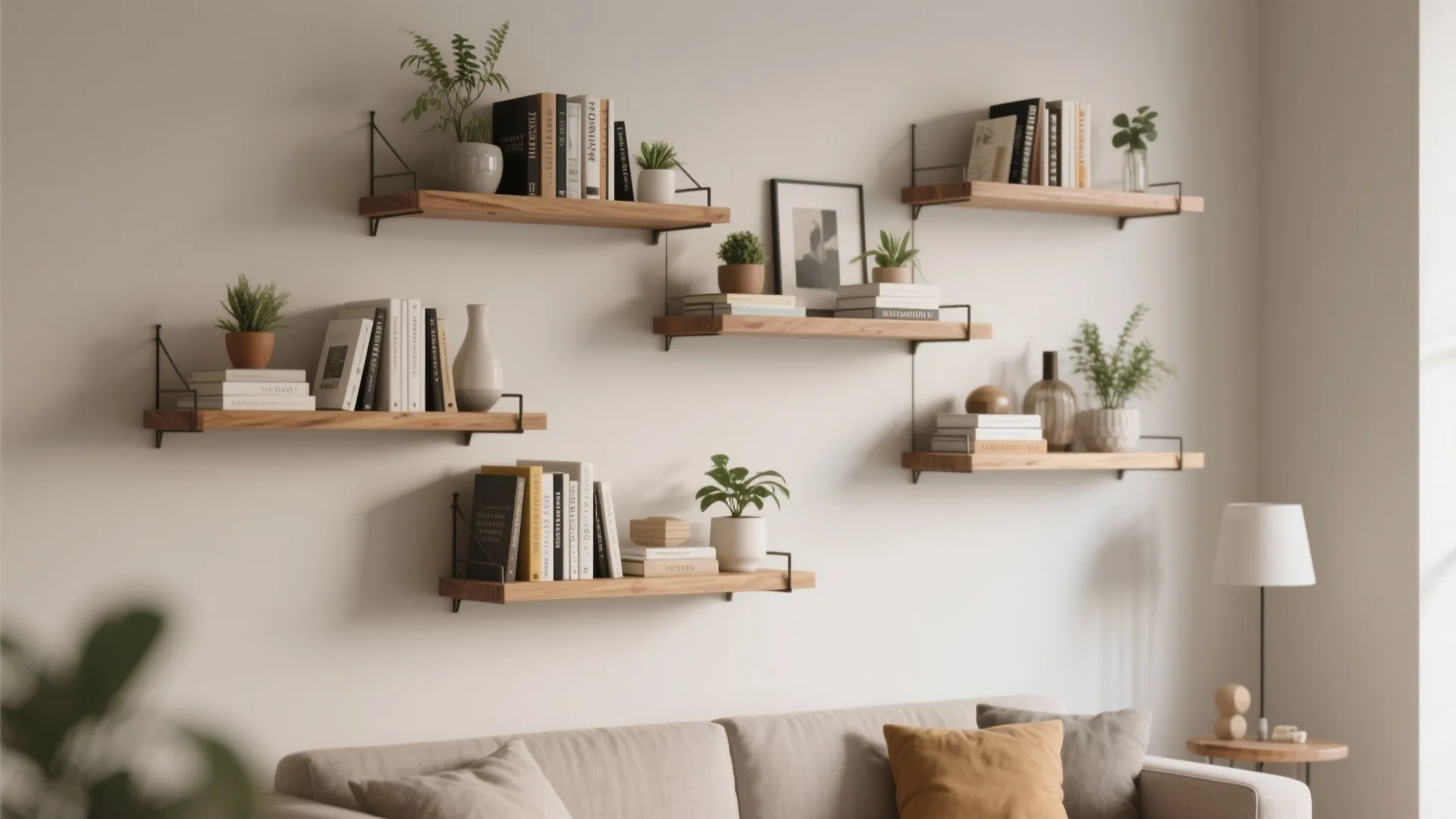Modern wall with multiple wooden floating shelves holding various books and small green potted plants