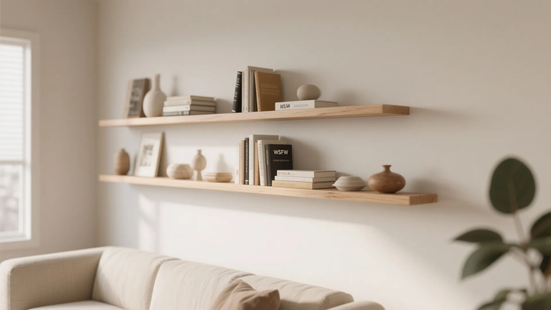 Two wooden wall shelves holding books and small vases above a cream sofa in bright room