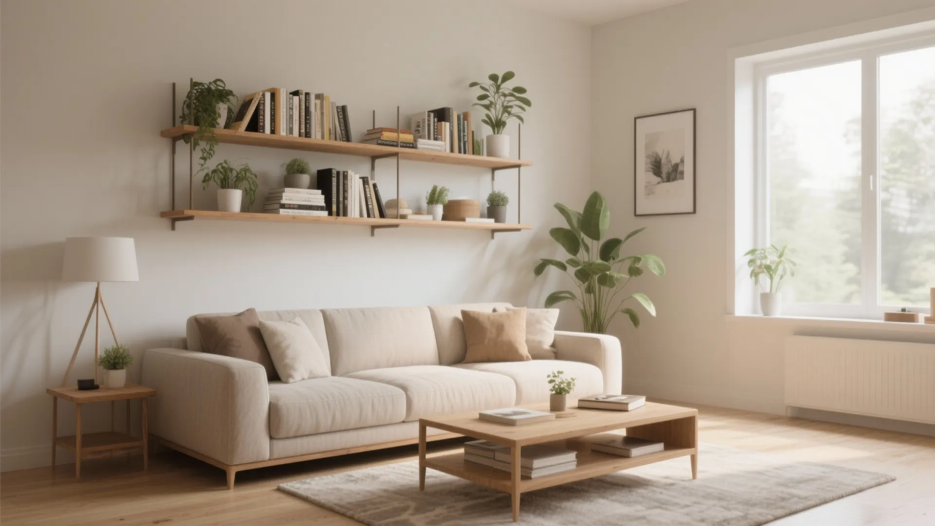 Bright living room with wooden wall shelves above a beige sofa and a coffee table