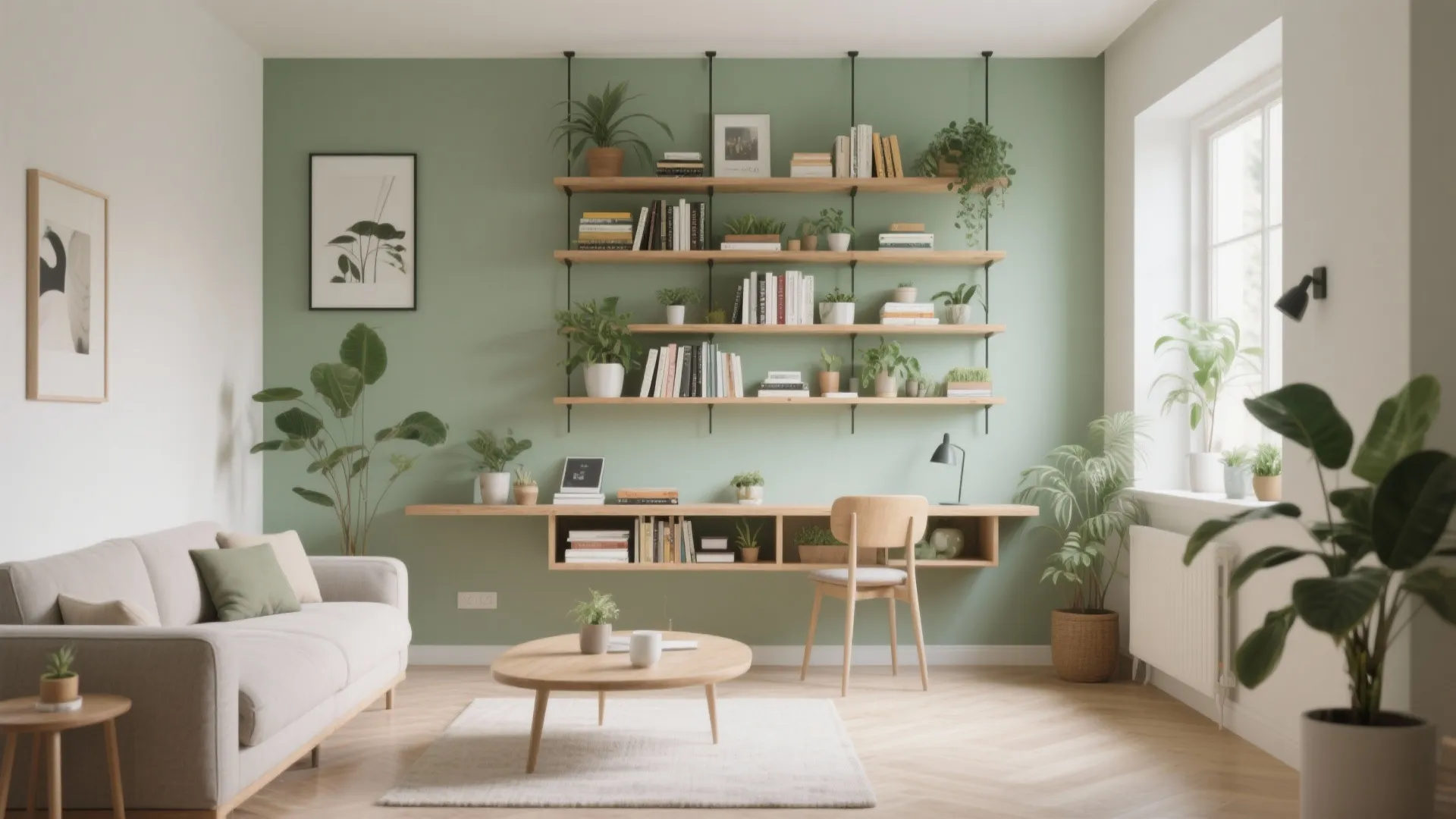 Modern home office with green wall, wooden shelves, desk, chair, beige sofa, and many plants