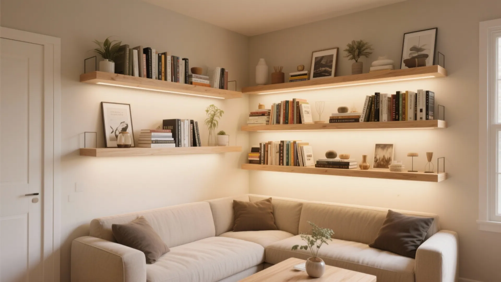 Corner wall with wooden floating shelves holding books and plants above a soft cream sofa