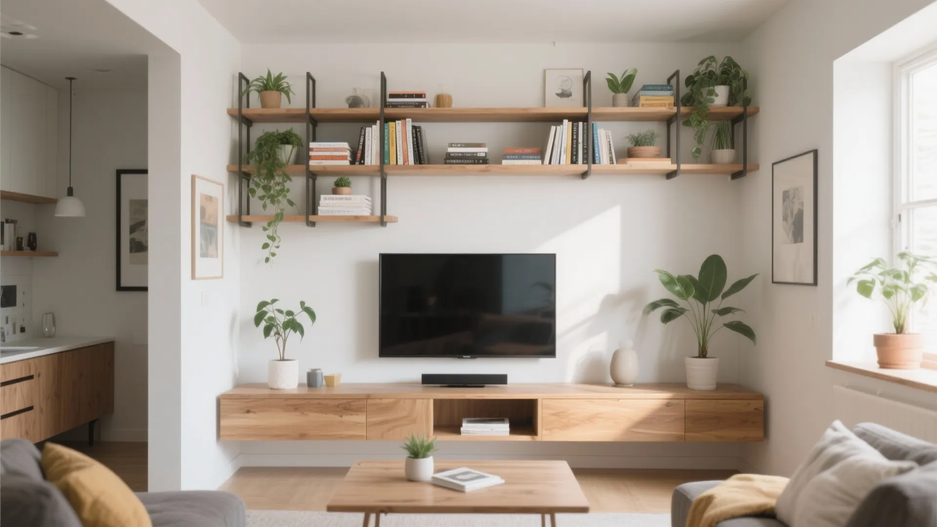 Modern living room featuring wooden floating shelves with books and plants above a television set