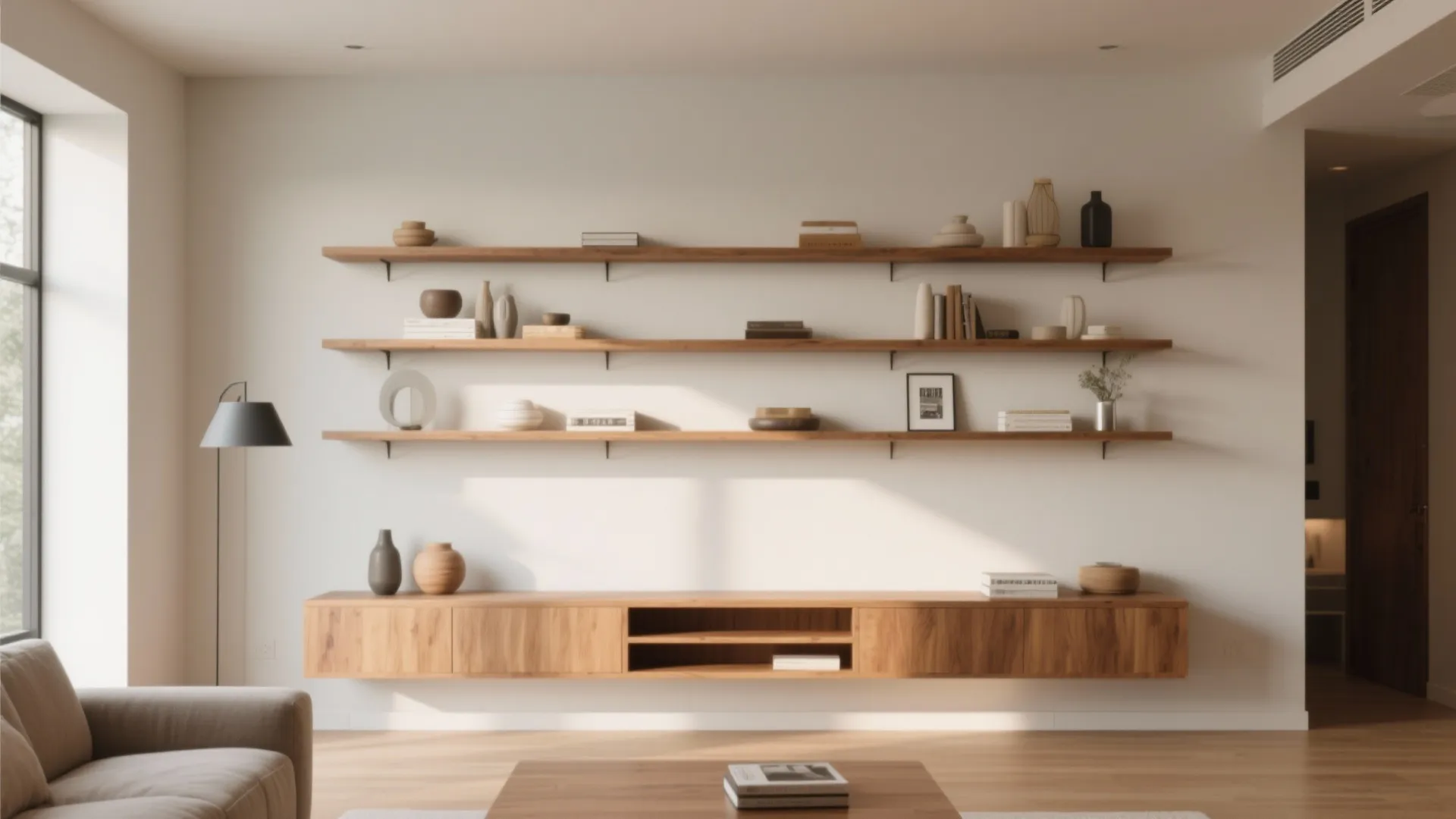 Minimalist living room with wooden floating shelves on white wall and natural light from window