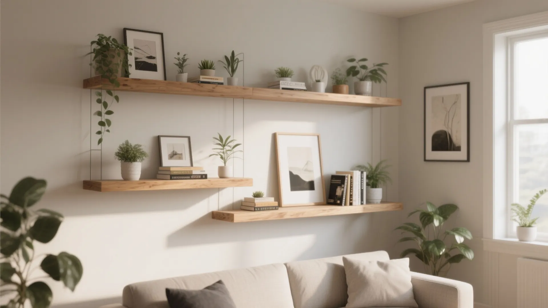 Wooden wall shelves decorated with green potted plants framed art books and white living room sofa