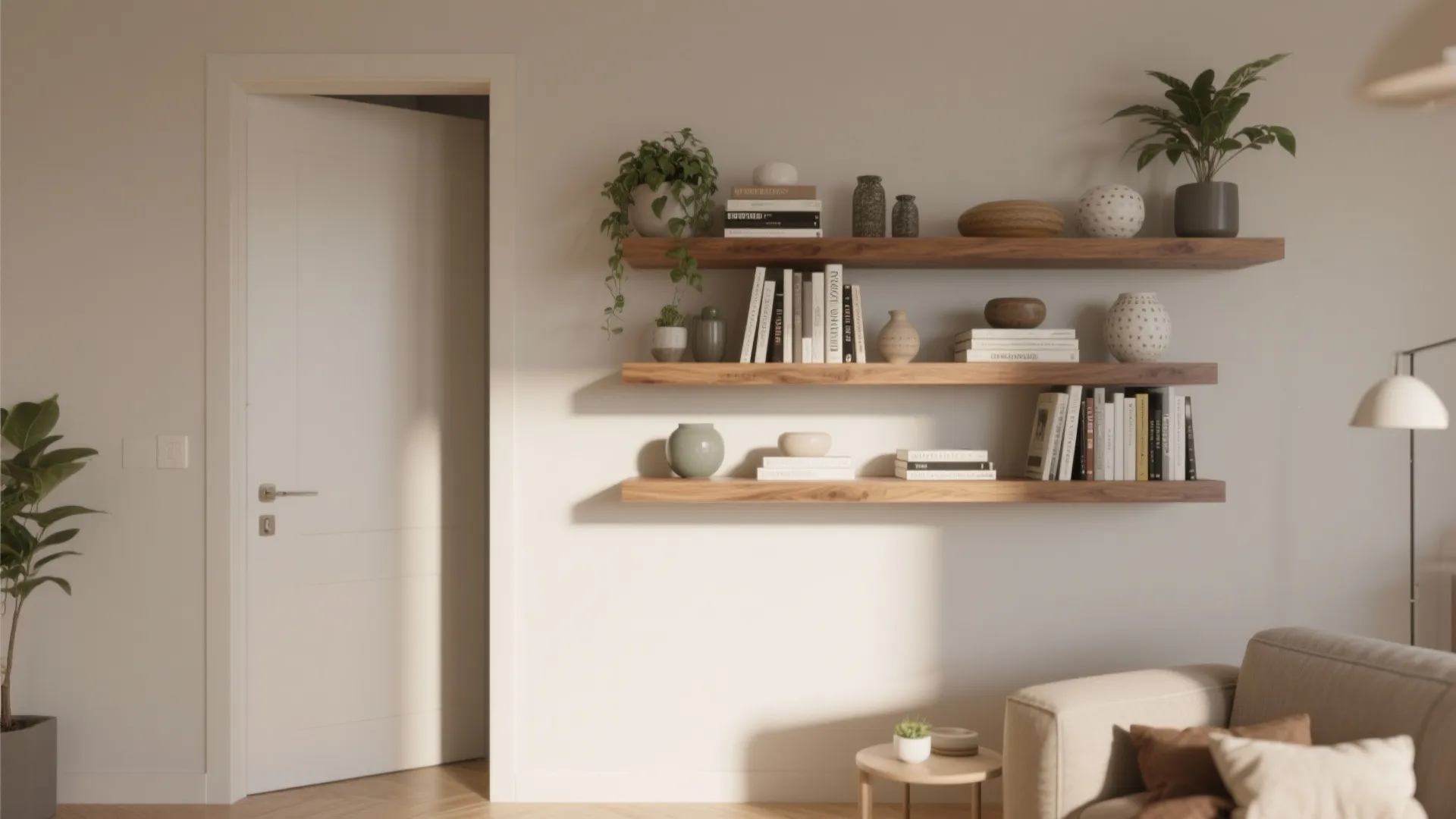 Three wooden floating shelves on white wall with books and plants next to white door