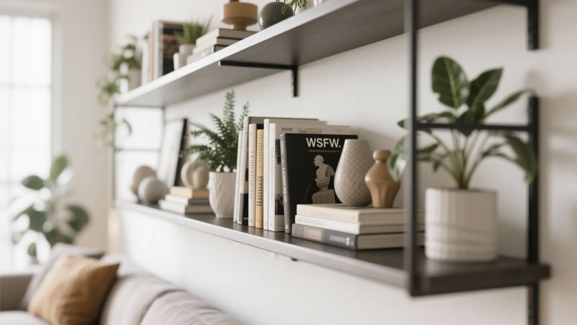 Black wall shelves holding books and green plants above a sofa in a bright room