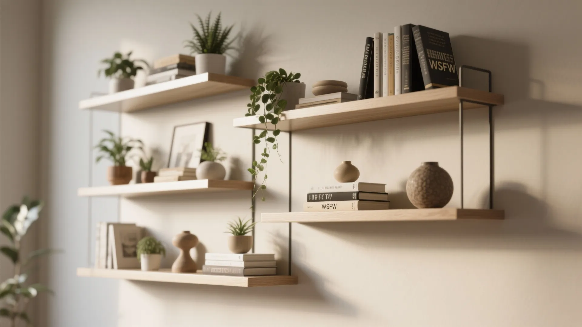 Close-up of staggered floating shelves with decor items