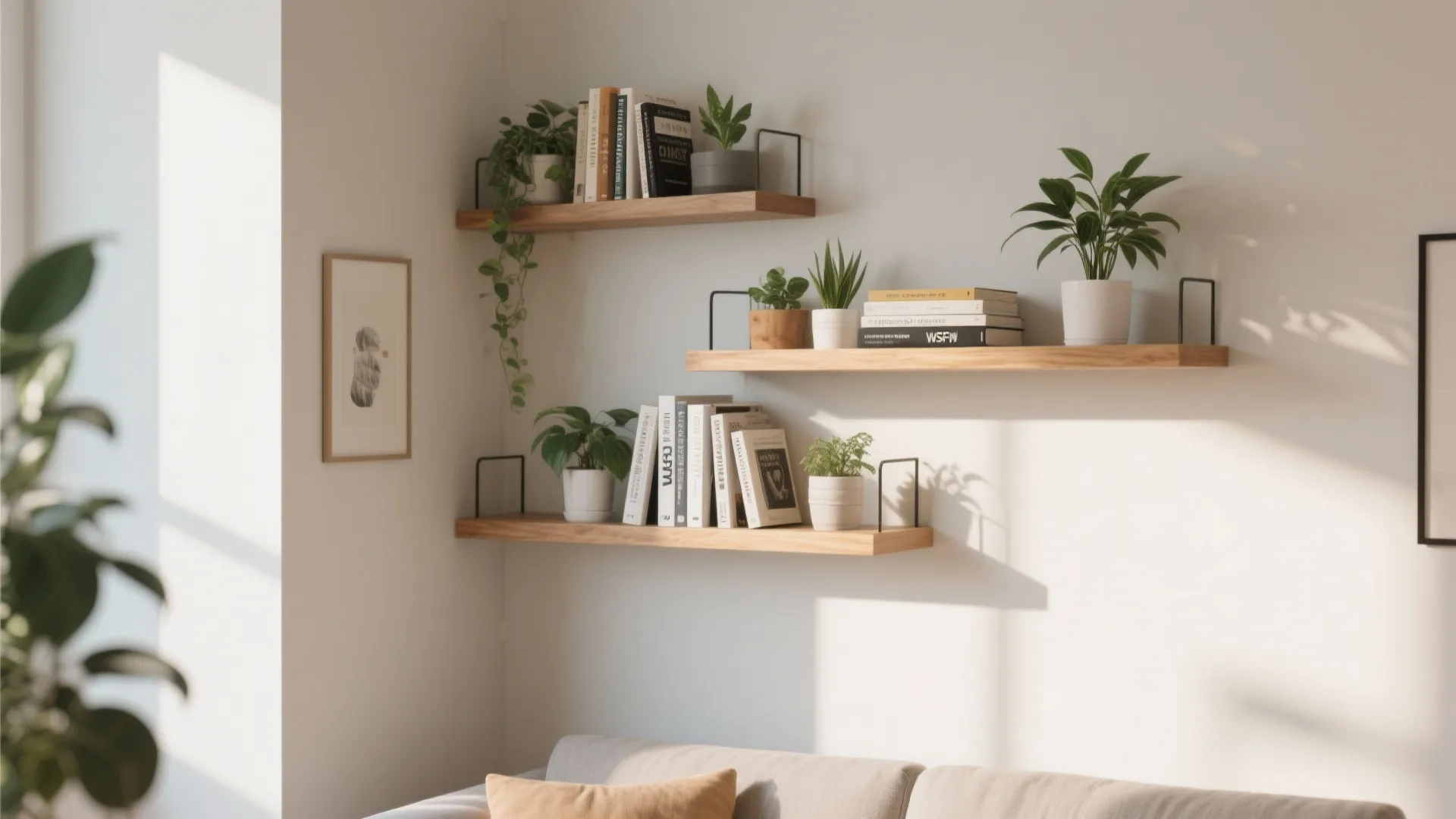 Three wooden floating shelves on white wall with green plants books and small framed artwork