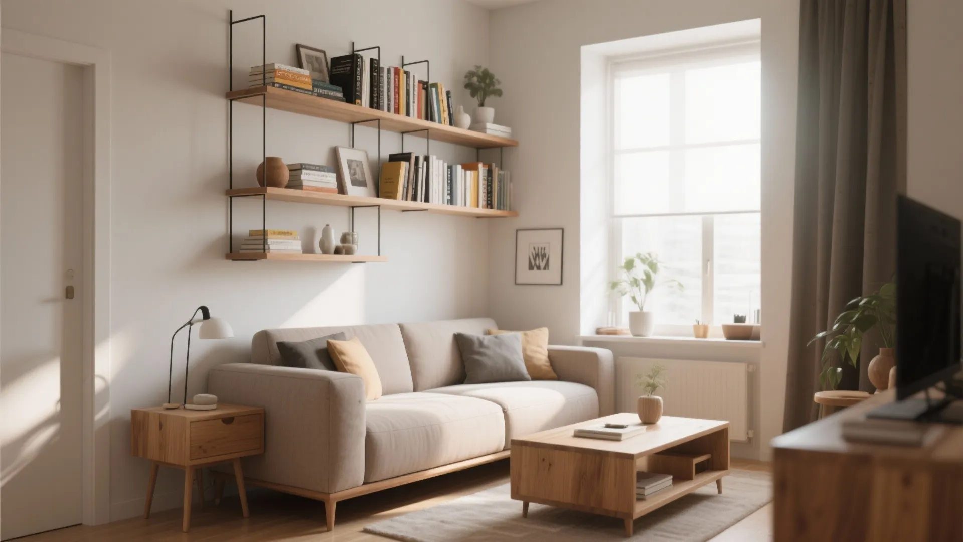 Bright living room with wall mounted wooden shelves above a sofa and a coffee table