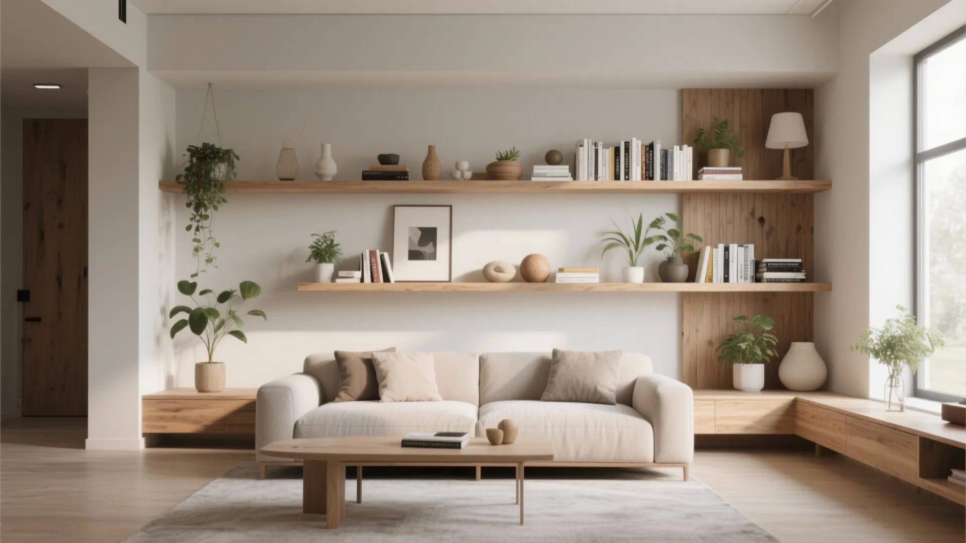 Modern living room with beige sofa wooden coffee table and floating wooden shelves featuring green plants