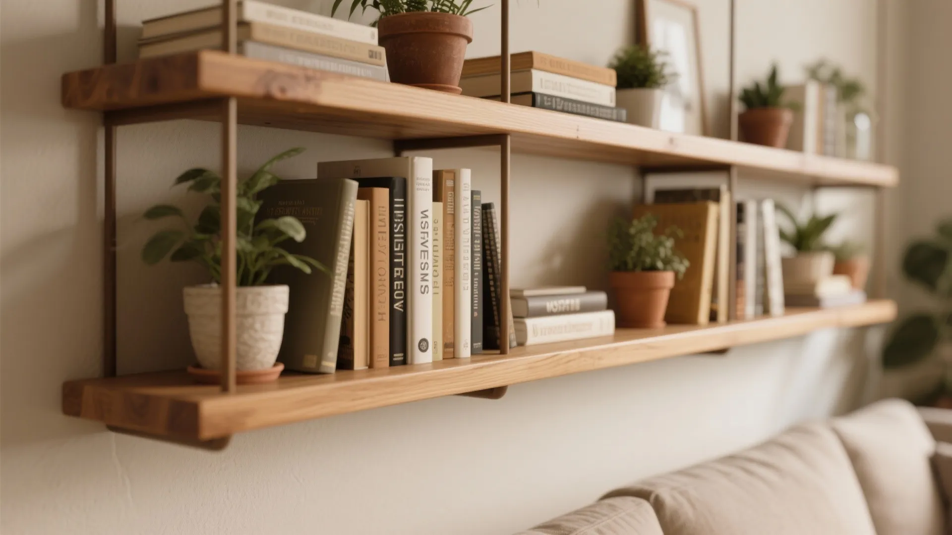 Wooden wall shelves holding various books and small green potted plants in a bright room