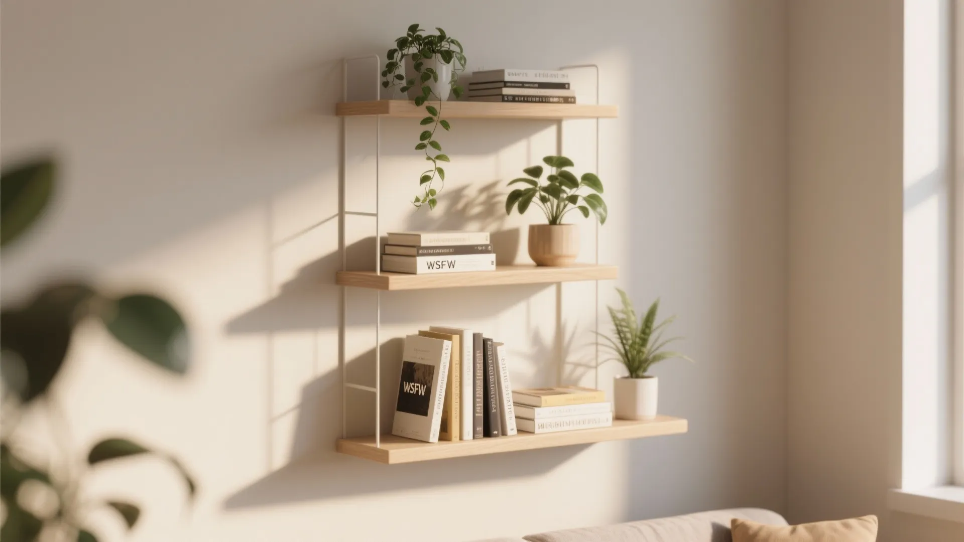 Floating shelves with books and plants on a white wall