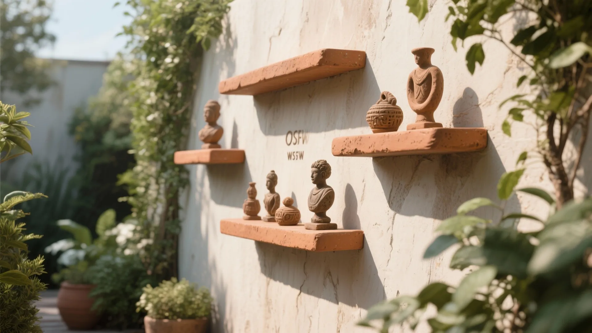 Outdoor stone wall featuring small brown floating shelves holding various decorative clay statues and pots