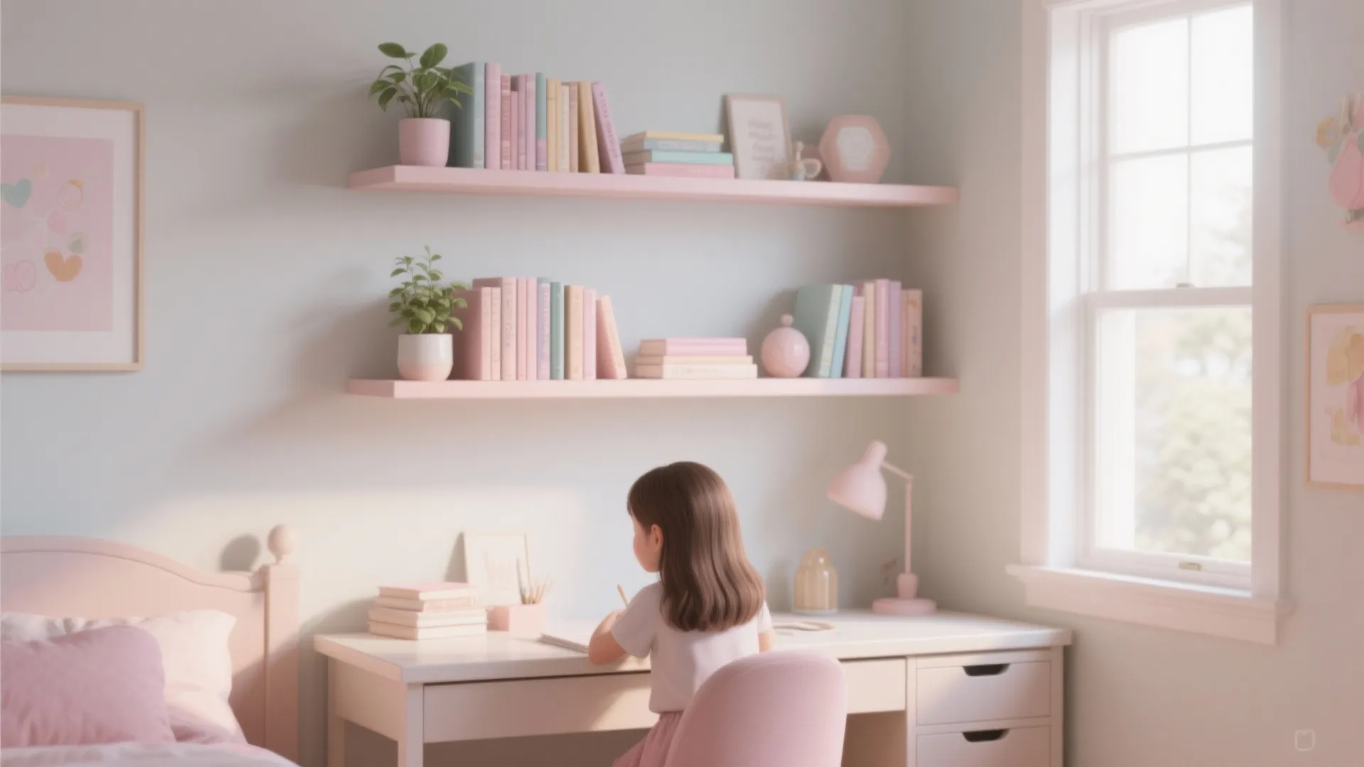 A young girl sitting at a white desk with pink floating shelves and books above her