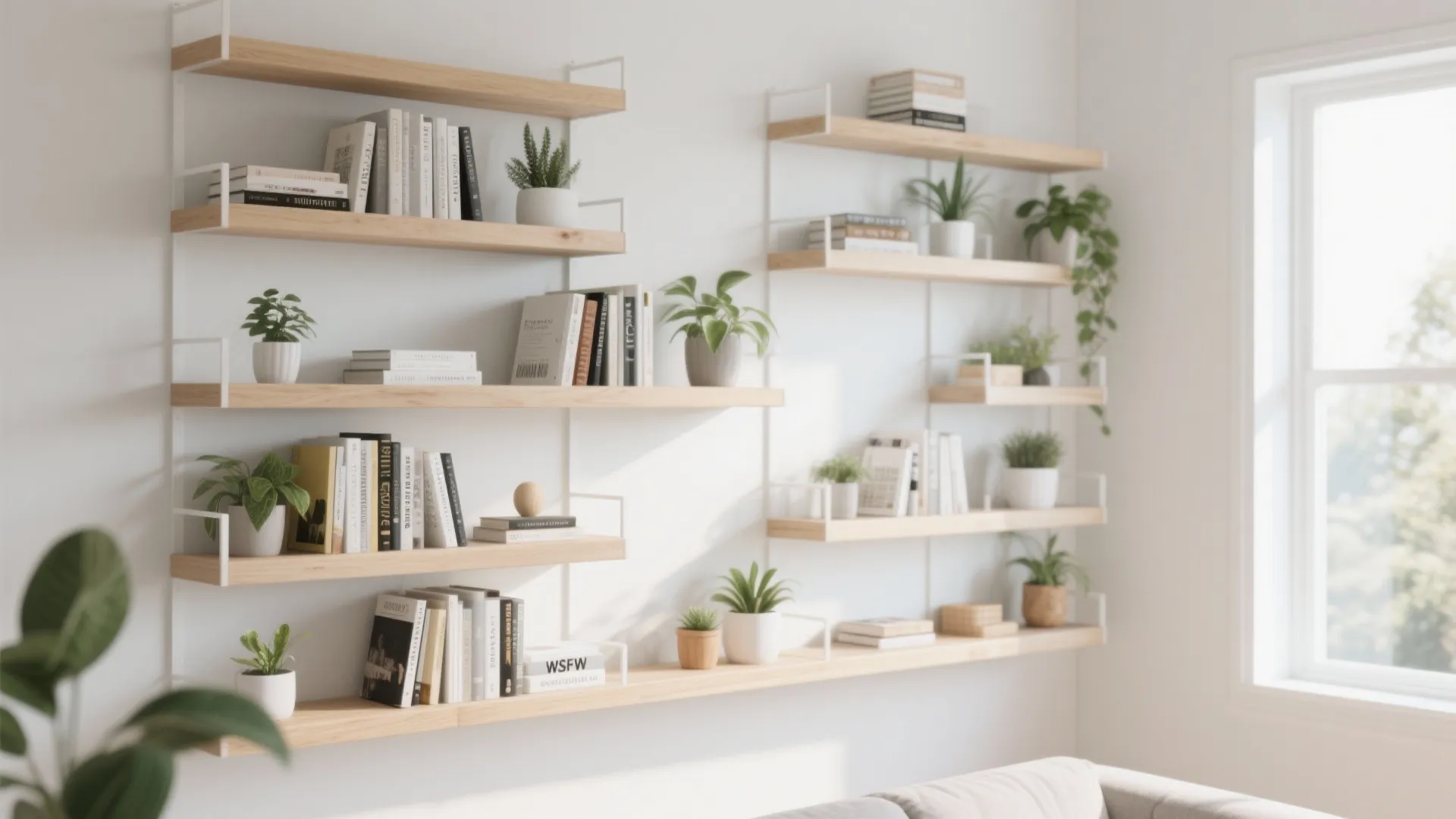 White wall with several wood floating shelves holding many green plants and various small books