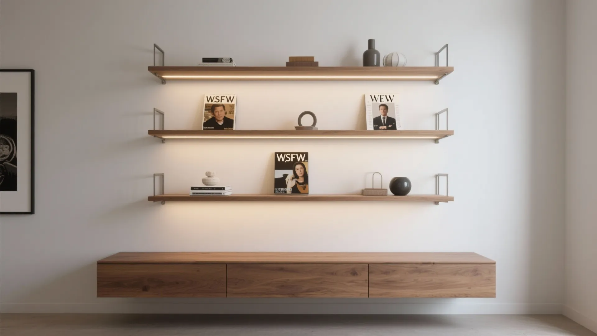 Modern wood floating shelves with built-in lights above a wooden cabinet in a minimalist room
