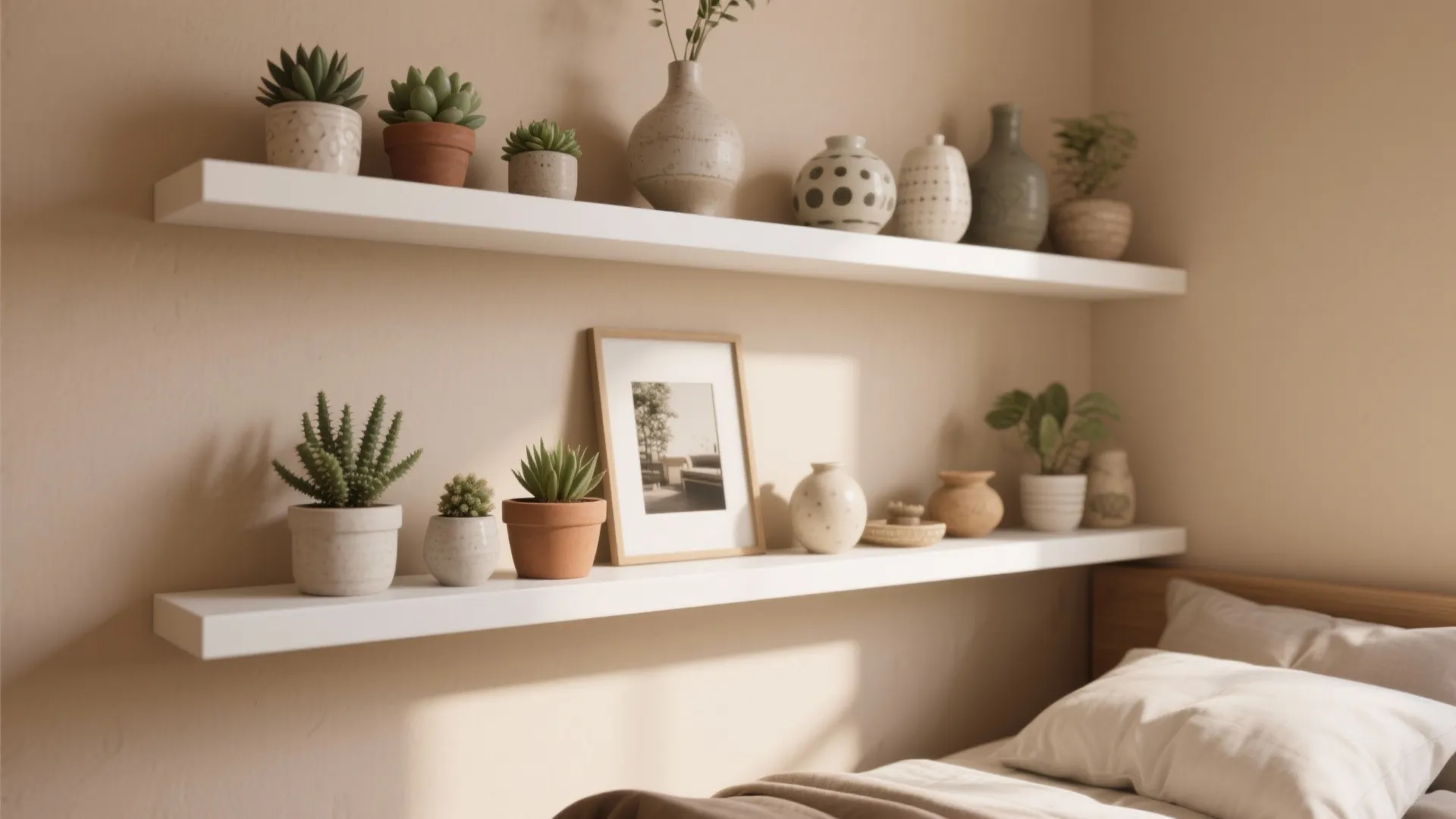 Two white floating wall shelves holding small green plants and ceramic vases above a bed