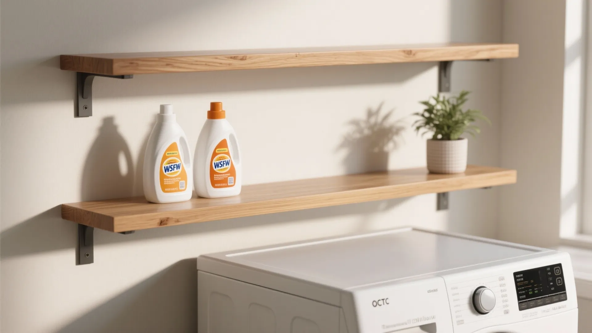 Two slim floating oak shelves above a washer with uniform containers and a small plant.