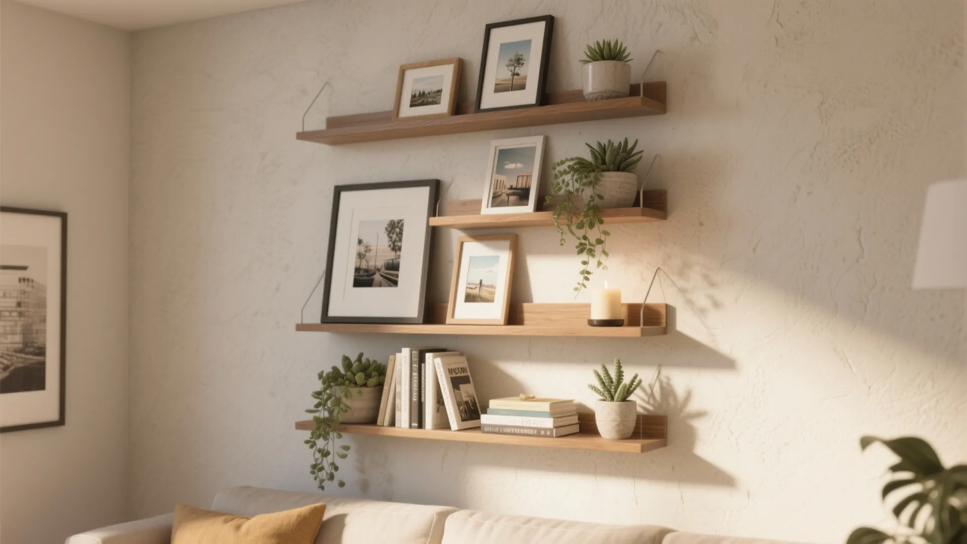 Floating Shelves with Art and Plants