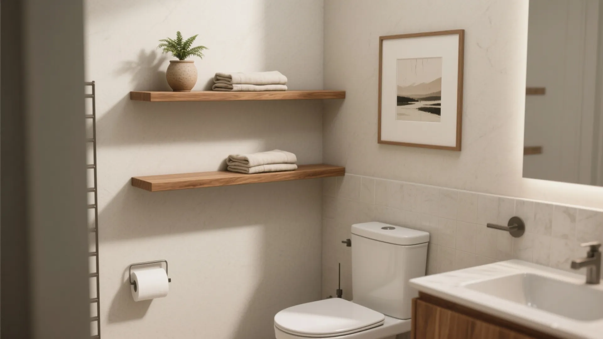 Slim floating shelves above a toilet, styled with a plant, folded linen, and framed print in a small bathroom.